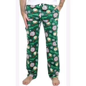 Rick & Morty Christmas Pajama Pants Men XL Fleece Lounge Green Snowflakes New